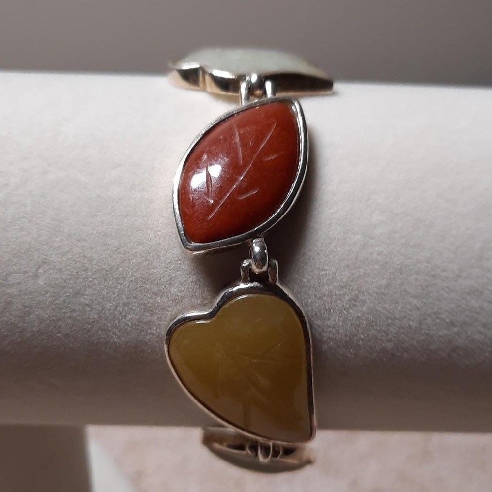 Sterling silver gemstone leaf bracelet artisan crafted carved red gold jasper